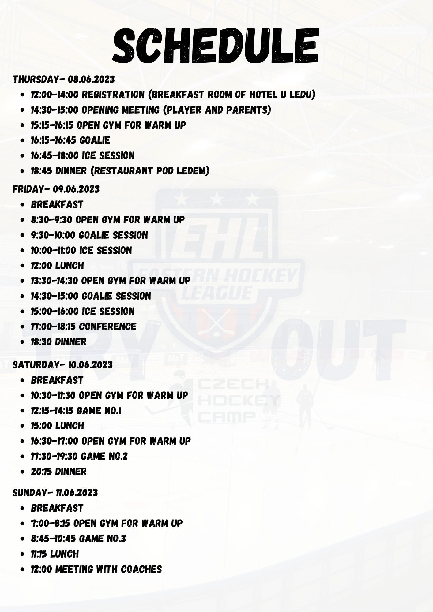 Schedule TRY OUT CAMP Hockey schools Sports Events